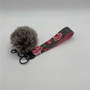 Floral Pink and Gray Wristlet Keychain with Pom Pom